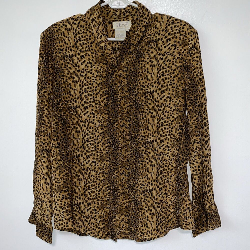 Vintage Tess Top Blouse Shirt Silk Long Sleeve Button Up Animal Print Brown 8